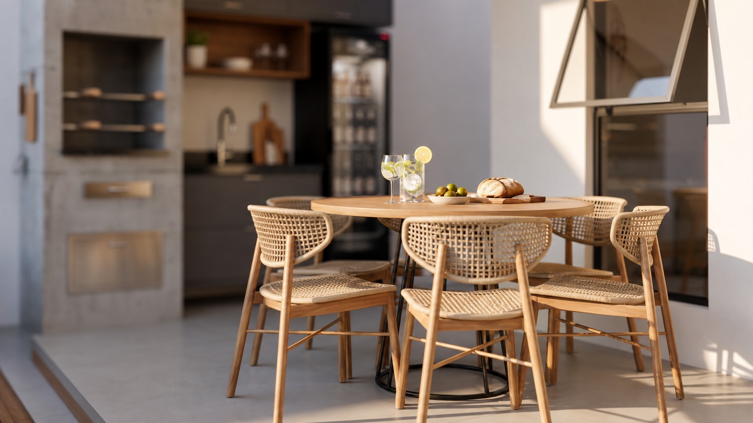 Área gourmet contemporânea com mesa de madeira